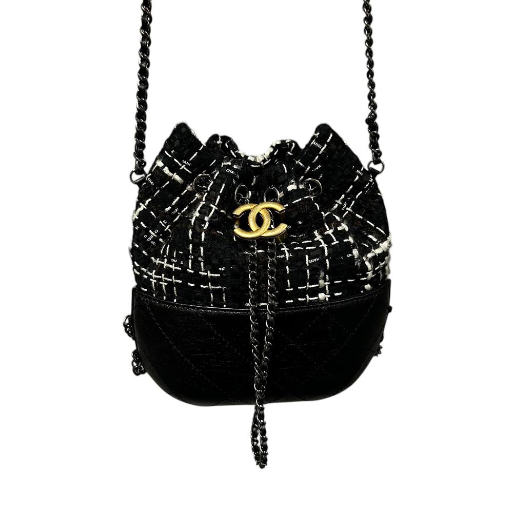 Chanel Gabrielle Black & White Tweed Leather Drawstring Bucket Bag